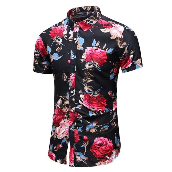 

flower social shirt men floral blouse men lapel collar hawaiian style casual male shirt fashion short sleeve summer blue red, White;black