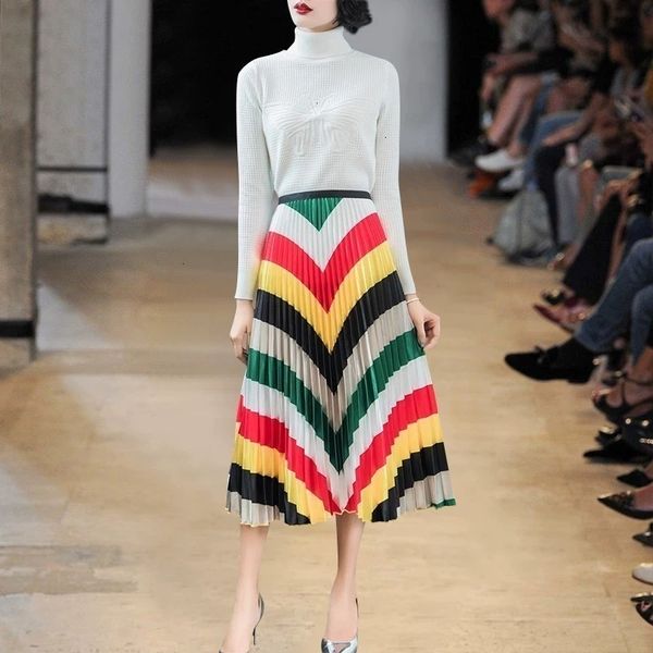 

плиссированные юбки юбки для женщин весна 2019 новый coming color matching полосатый high street style mid теленок empire soft женская мода, Black