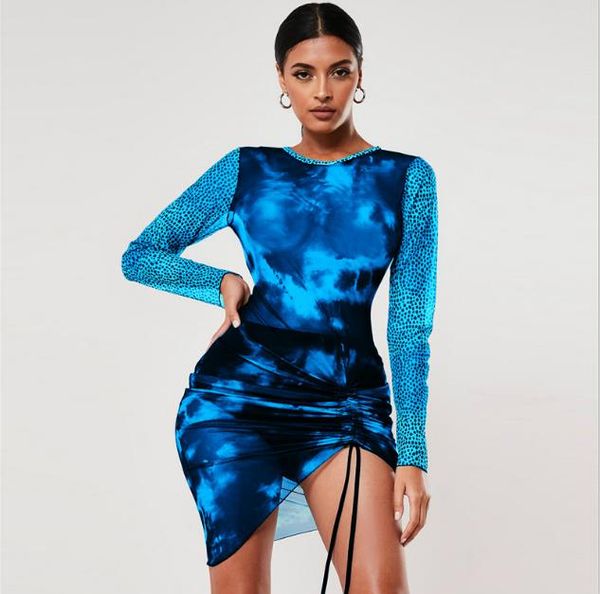 

tie dyeing women dresses mesh leopard panelled perspective slim asymmetrical skirt long sleeved bodycon fashion women party dresses, Black;gray