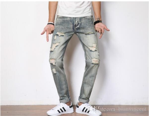 

2019 skinny jeans for men ripped holes jeans motorcycle biker denim pants men brand fashion designer hip hop mens jeans, Blue