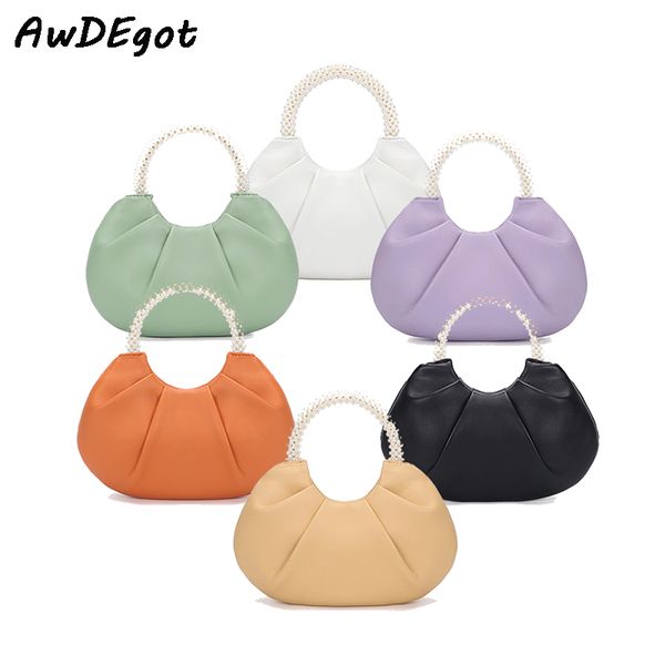 

new arrival candy color women handbags with pearl ring handle rouched half moon bags female crossbody bags wholesale lady purses