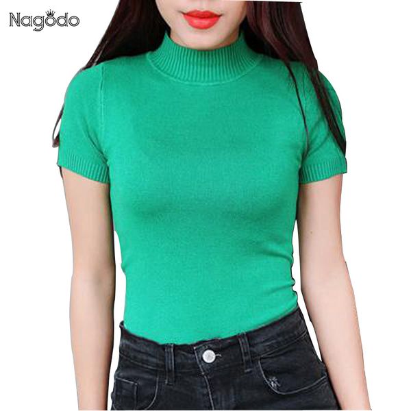 

2019 new summer turtleneck sweater short-sleeved women slim pullovers slim soft jumper head small pure color female knit, White;black