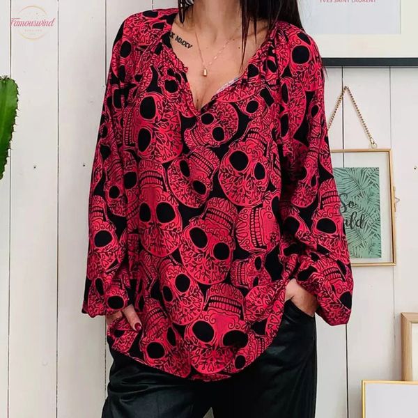 

blouse women skull print v neck long sleeved casual v neck shirt womens blouses and plus size women blusas mujer de, White