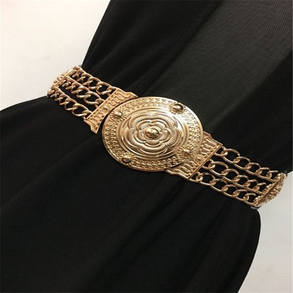 

2020 women flower gold belts fashion ladies floral elastic metal women waist belt for dress female golden chain belt, Black;brown