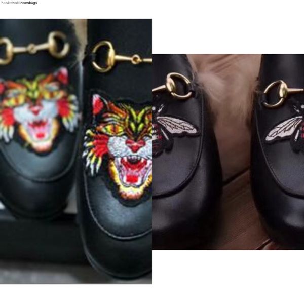 

original fur slipper mens shoes leather loafers muller with buckle men women princetown slippers, Black