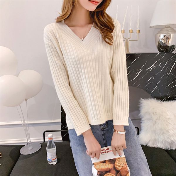 

v-neck knitwear thick new arrival wool 2019 loose solid stripe woman fashion women fall knitted sweater pullover winter, White;black