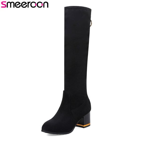 

smeeroon 2018 fashion knee high boots for women autumn winter boots slip on+zipper round toe high heels women black