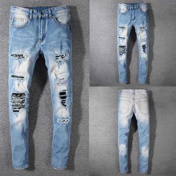 

blue color fashion skinny jeans stretch casual pants new designer classical jeans men hole hip hop men