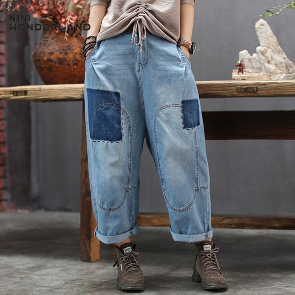 

nini wonderland 2019 autumn spliced jeans women denim casual straight pants female elastic waist loose patchwork trousers spring, Blue