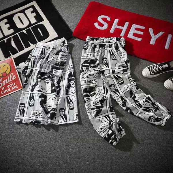 

men's tracksuits fashion streetwear style cartoon print hip hop mens cloth casual breathable loose two-piece suit wholesale, Gray