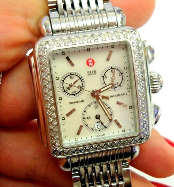 

luxury watch michele signature deco diamonds mop shell dial diamond mark quartz movement watch women's mww06p000099 lady watches 33mm, Slivery;brown