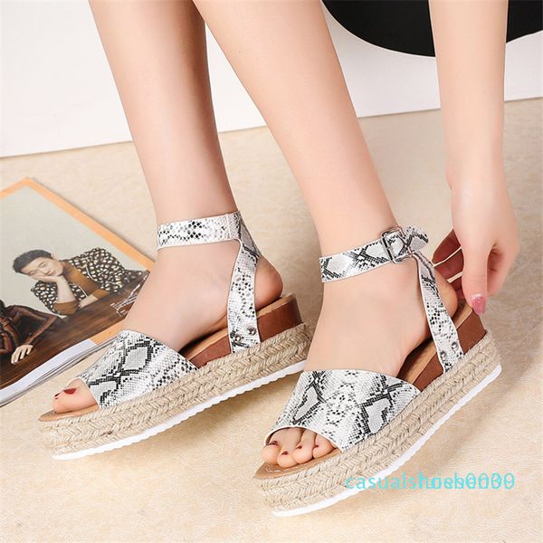 

summer new korean version of hemp rope slope heel python leopard grain hemp buckle with fish mouth sandals woman l30, Black