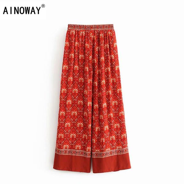 

vintage chic elegant women red floral print wide leg bohemian pants ladies casual loose rayon boho long pants oversize, Black;white