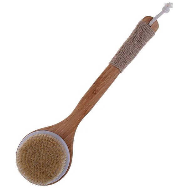 

dry skin body brush bath exfoliating brush natural bristles with long wooden handle for shower, remove dead skin