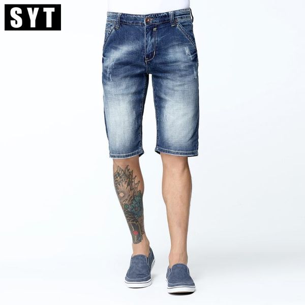 

syt new arrival 2017 summer men's denim shorts knee length slim jeans stretch fabric dark wash breathable cotton v7s1s003, Blue