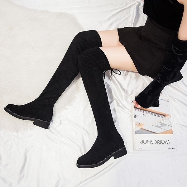 

lace up boots shoes winter footwear booties ladies thigh high heels high round toe boots-women 2020 rubber med heel, Black