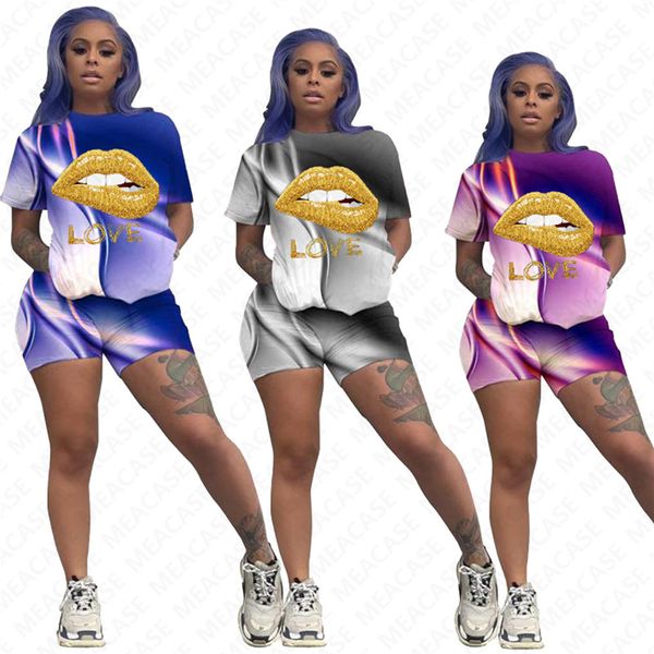 

women tracksuit gradient colors printing lips letter designer short sleeves t shirt shorts two piece set outfits casual sports suit d7206, White