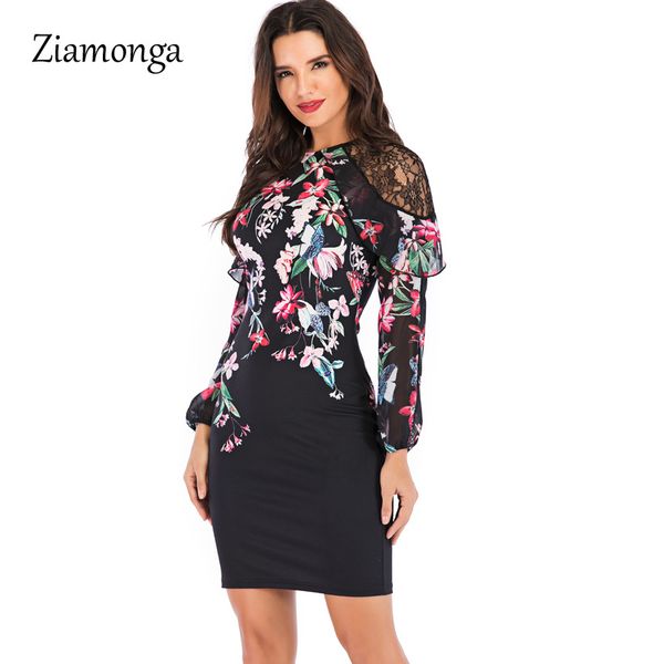

ziamonga women dresses 2019 winter runway vintage chiffon lace sleeve print flower bodycon dress o-neck ruffle slim casual dress, Black;gray