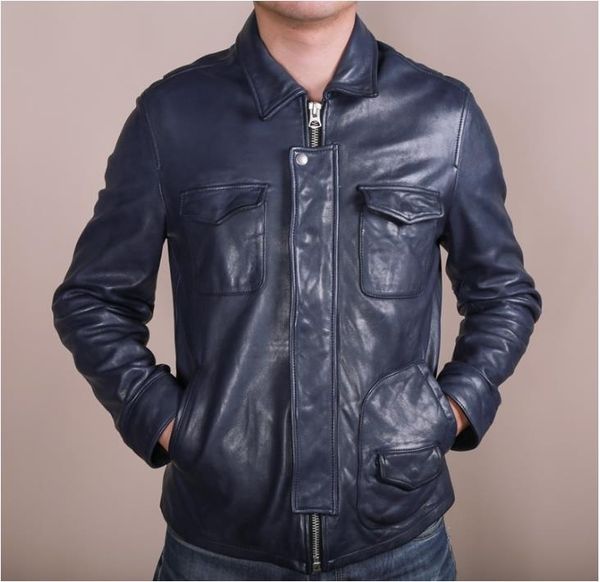 

blue 2020 men's color slim fit genuine with pockets import sheepskin jacket men casual leather coat male, Black