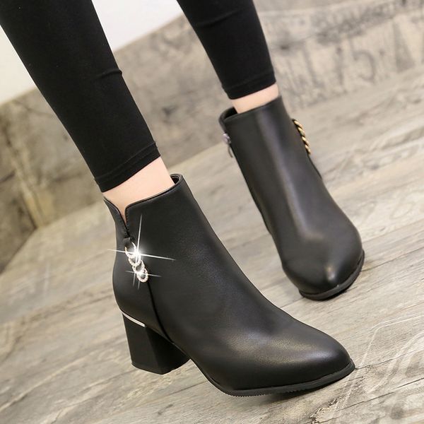 

women boots ankle short boots pointed toe square heels winter booties woman 2019 slip on women leather winter shoes 9m2, Black