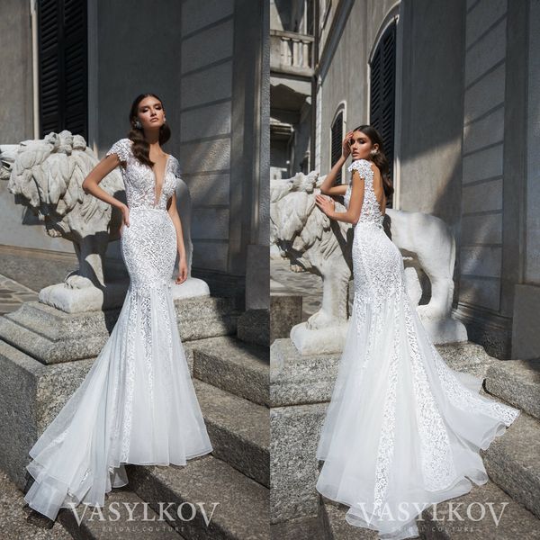 

crystal design mermaid wedding dresses v neck sweep train lace appliqued boho wedding dress cap sleeve custom bridal gowns robes de mariÃ©e, White