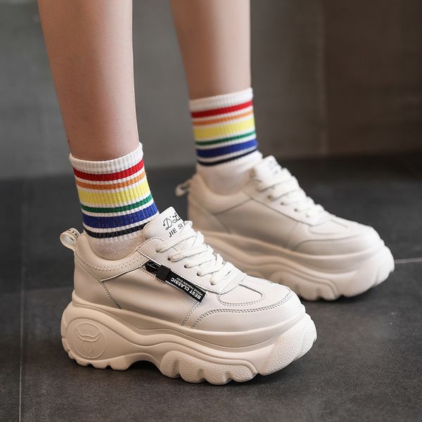 

bjakin height increasing 5 cm sport athletic shoes women beige white pu leather running shoes thick bottom female sneakers 34-40