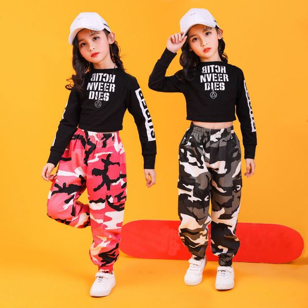 Kinder Hip Hop Kleidung Sweatshirt Top Crop Shirt Camouflage Casual Hosen für Mädchen Tanz Kostüm Ballsaal Tanzen Kleidung Tragen