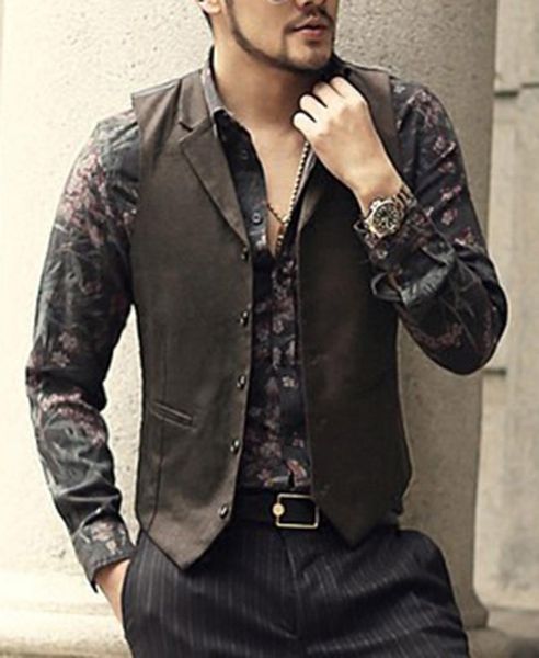 

mens suit vest lapel v neck wool brown black single-breasted waistcoat casual formal business groomman for wedding, Black;white