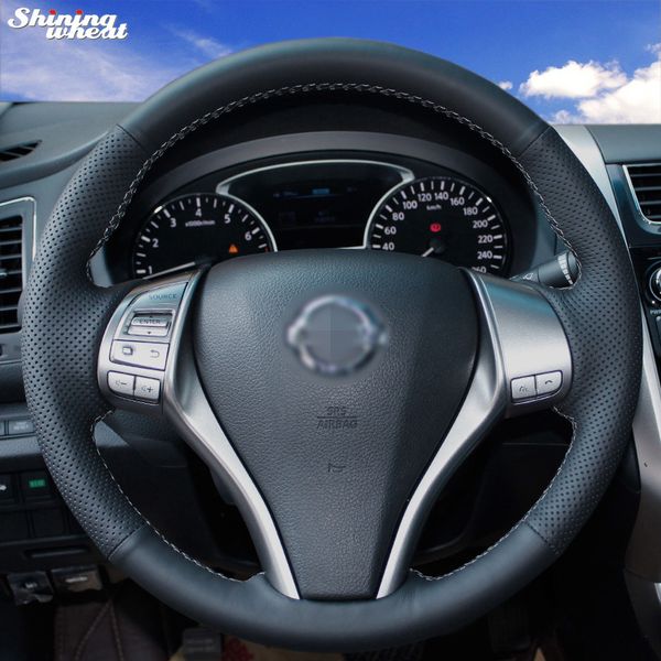 

shining wheat hand-stitched black leather steering wheel cover for 2013 teana 2014 x-trail qashqai sentra