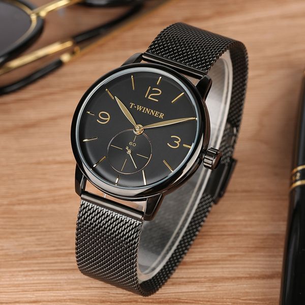 

winner watch mens minimalist simple black hand winding mechanical clock male mesh stainless steel business watch brand reloj, Slivery;brown