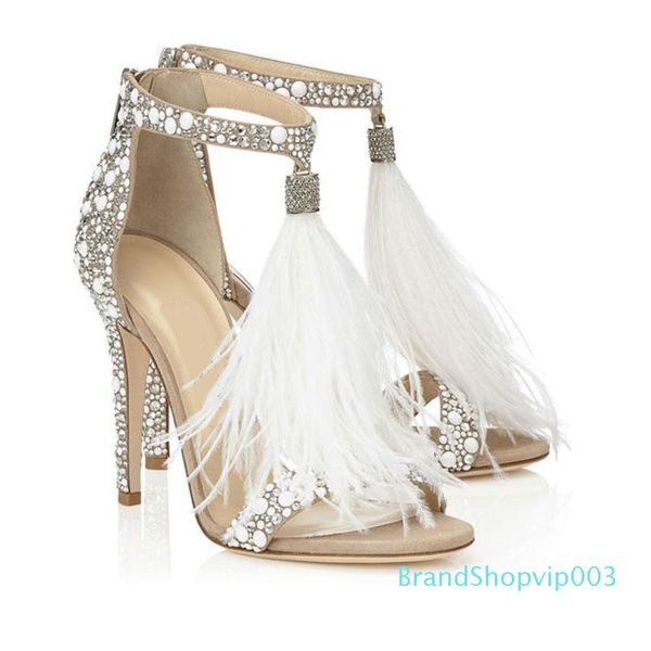 

2018 plus size summer woman high heel sandals genunin leather rhinestone feather tassels thin high heel women wedding shoes stilettos, Black
