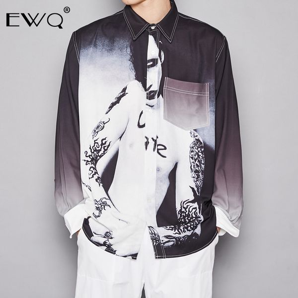 

ewq / 2019 autumn winter fahsion new abstract figure printing shirt for male loose long sleeve england style black shirt 19h-a98, White;black