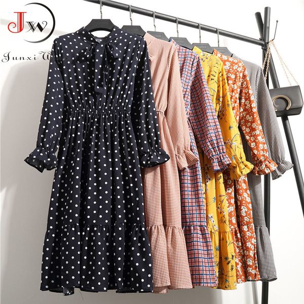 

autumn chiffon shirt dresses long sleeve polka dot plaid office vintage dress 2019 women summer casual midi floral dress vestido, Black;pink