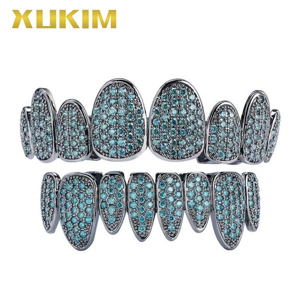 

gh275 xukim jewelry 2019 new design blue colorful hip hop teeth grillz dental jewelry silver gold color bottom grillz set, Slivery;golden