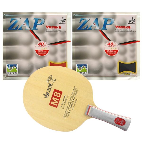 

sanwei m8 blade + 2 pieces of yasaka zap 40mm biotech no ittf rubber with sponge h36-38 for a racket long shakehand fl