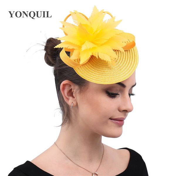 

imitation straw yellow party fascinator hat women elegant wedding church headwear with fancy feather flower headdress hair clip