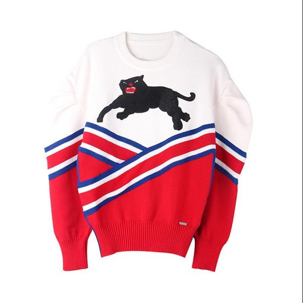 

wholesale- women autumn winter sweater runway european style embroidery panthers hit color jumper fashion puff sleeve animal pullove sun81, White;black