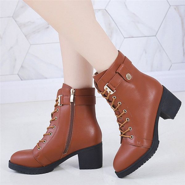 

boots women shoes women fashion high heel lace up ankle boots ladies buckle platform artificial leather bota feminina 2019 d3, Black