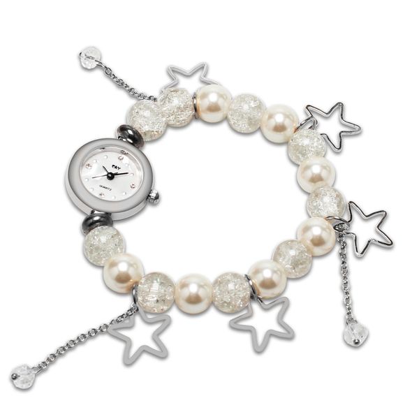 

women's quartz watches fashion lady pearl bead drill elastic bracelet watch pentagonal star fashionable women beaded wristwatch, Slivery;brown