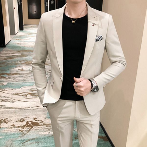 

2020 spring men's casual suit solid color two-piece youth handsome hairdresser slim new jacket dress small suit male, White;black