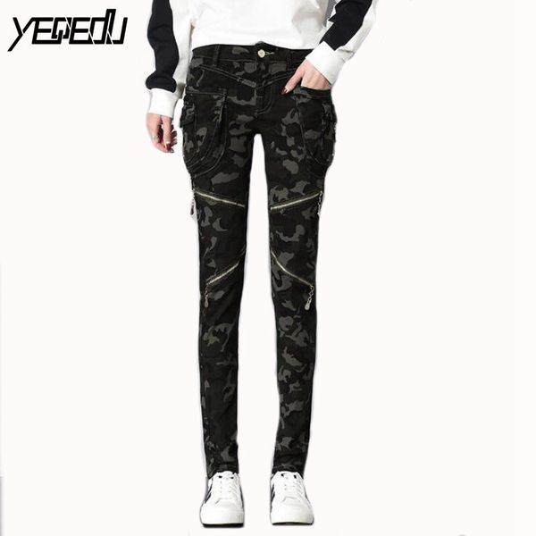 

#6701 spring 2018 biker jeans skinny slim fit denim cargo jeans pocket punk style hip hop black/blue/red camouflage jean femme