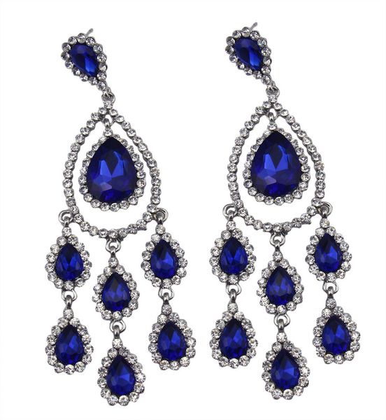 

austrian crystal rhinestone long dangle flower teardrop bridal earrings wedding jewelery for women bridesmaid silver black blue, Golden