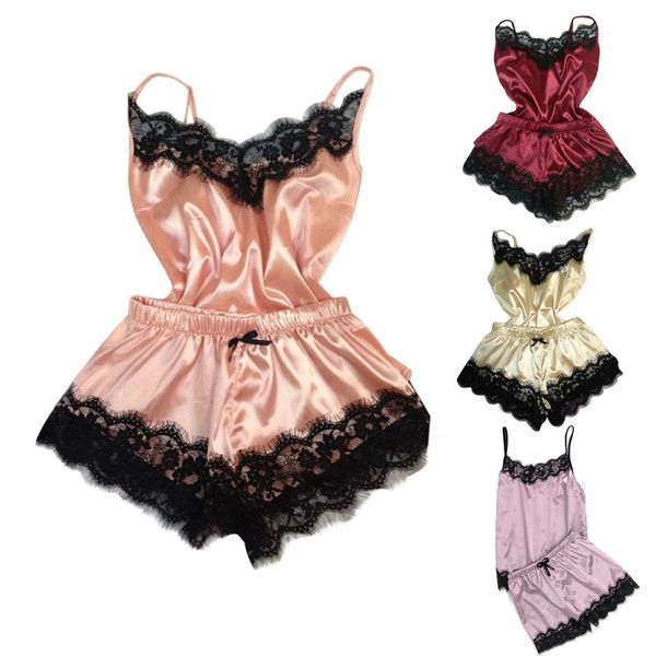 

womens imitated faux silk pajamas set deep v-neck solid color camisole sleepwear eyelash floral lace trim wide leg shorts, Black;red