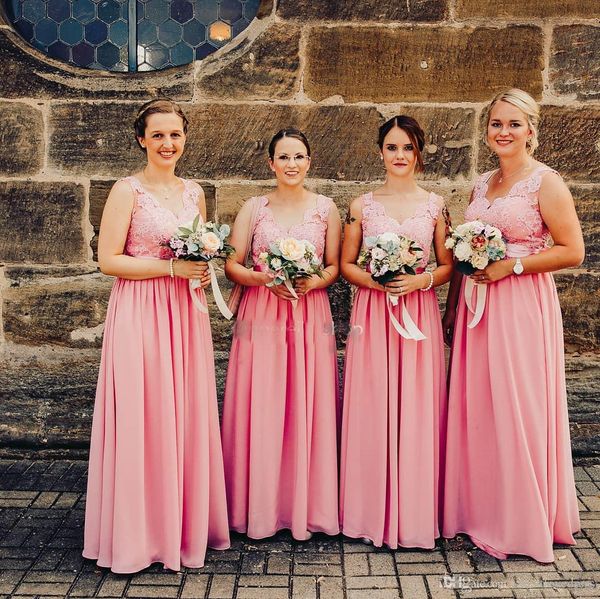 

blsh pink a-line bridesmiad dresses lace appliqued chiffon elegant backless country maid of honor gown cheap, White;pink