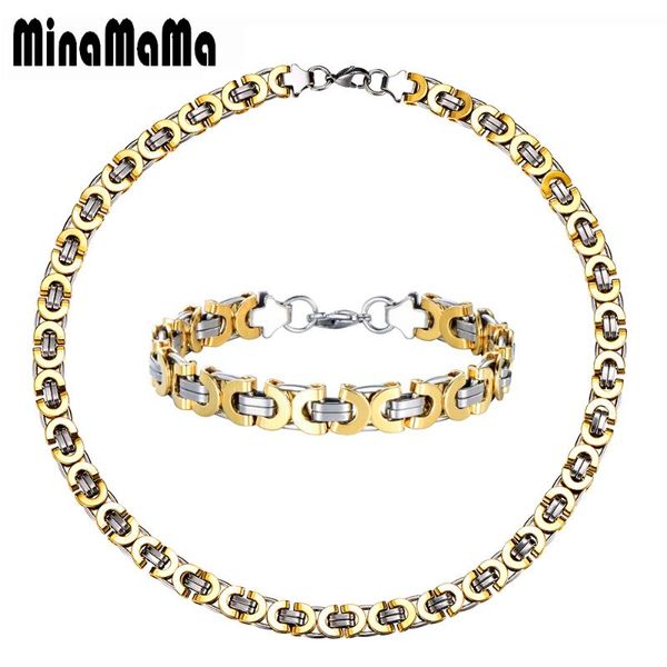 

stainless steel jewelry sets gold color fashion width chains link bracelet and necklace set for women gift, Silver