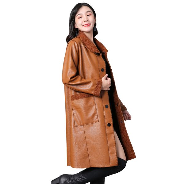 

2020 winter commuter long sleeve elegant slim leather jacket women's chaquetas mujer manteau femme hiver coat women's, Tan;black