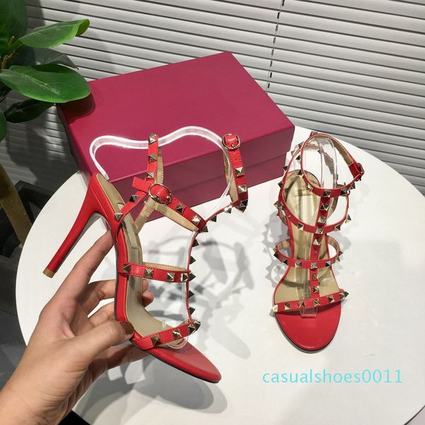 

new brand designer women t-strap high heels sandals genuine leather with rivets summer high heels ladies party dress 35-41 c11, Black