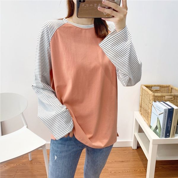 

m622 autumn large size midi round collar t-shirt women's loose shoulder sleeve ring wool wool ring cotton women's t-shirt, White
