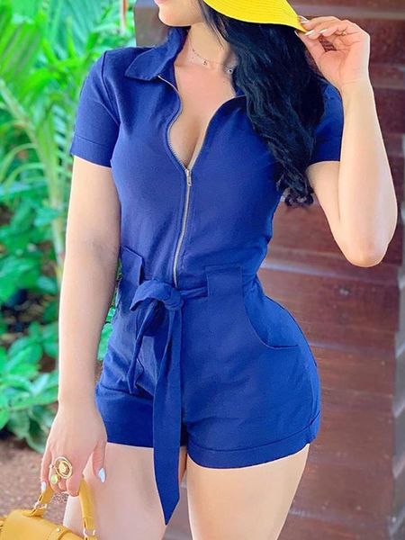 

blue short sleeve zipper design playsuit women elegant knotted casual romper female skinny leisure short jumpsuits, Black;white