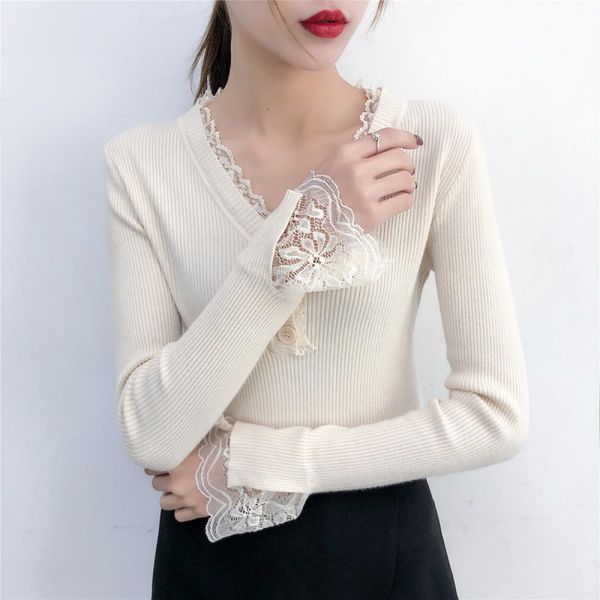 

korean version of the sweater long-sleeved v-neck solid color knit bottoming shirt fashion lace sleeves women's sweater #e, White;black